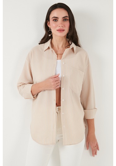 Lela Regular Fit Uzun Kollu Cepli Çizgili Bayan Gömlek 6772895 Taş
