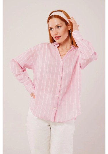 Kol Düğmeli Çizgili Pembe Gömlek Pembe