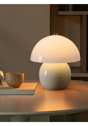 Modern Burhi Abajur Krem Mantar Masa Lambası Metal Şapka Metal Gövde Krem