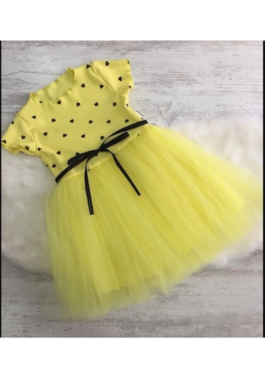 Kalp Baskılı 2-7 Yaş Arası Sarı Kız Çocuk Tüllü Elbise Doğum Günü Özel Gün Ve Geceler İçin Sarı