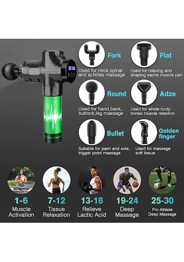 Profesyonel 6 Başlıklı Şarjlı Sporcu Masaj Tabancası 30 Hız Kademeli + Çantalı Gri