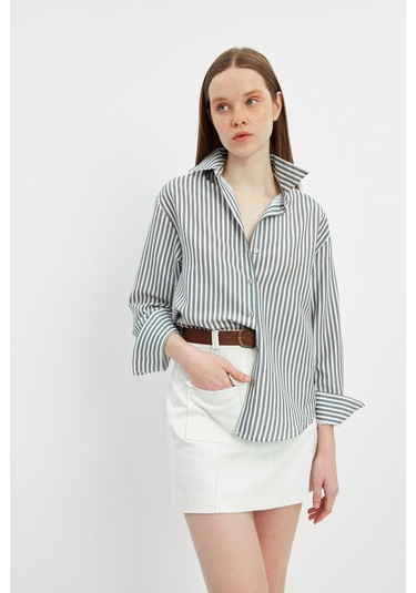 Stella Pulvis Yeşil Oversize Çizgili Gömlek Yeşil