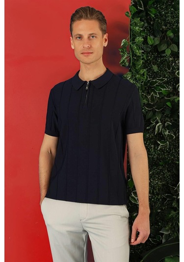 Slim Fit Fermuarlı Polo Yaka Kısa Kol Lacivert Triko Tr 865 Lacivert