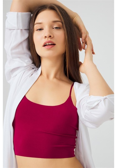 Vişne Ayarlanabilir İnce Askılı Lazer Kesim Kadın Crop Büstiyer Çok Renkli