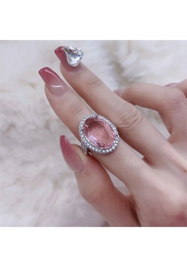 925 Ayar Gümüş Ayarlanabilir Oval Pembe Zirkon Taşlı Yüzük