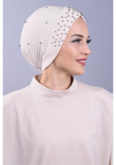 Kadın Tesettür İncili Taşlı Havuz Dış Bone Beyaz Beyaz
