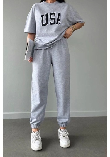 Usa T-shirt Eşofman Altı Jogger- Gri Baskılı Alt Üst Eşofman Takım Oversize Bisiklet Yaka Gri
