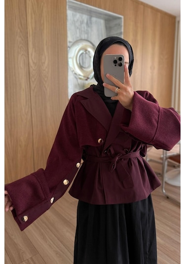 Kahijab Gold Düğme Kolları Kaşe Trençkot - Bordo