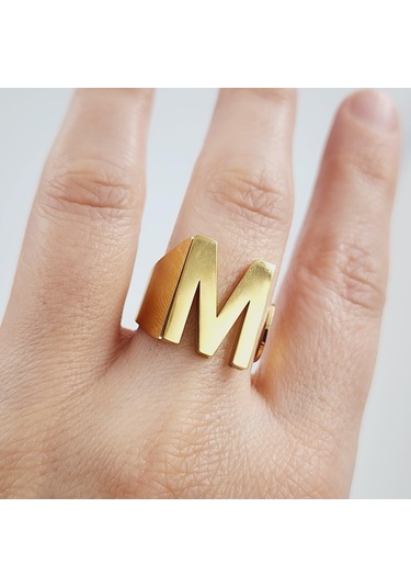 Çelik Gold Düz Kesim Harf Yüzük -m Harfi- Ayarlı Ölçü-1897 Altın