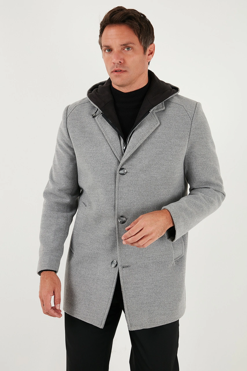 Buratti Çıkarılabilir Kapüşonlu Kırçıllı Slim Fit Kaşe Erkek Kaban 5841013 Gri