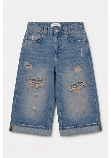 Itsbasic Kadın Kot Rengi 10s6-84 Yırtık Detaylı Maxi Bermuda Şort