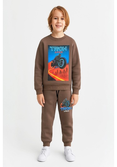 Erkek Çocuk 3 İplik Şardonlu Alt-üst Takım Görsel Baskılı 3-10 Yaş 12408 Kahverengi