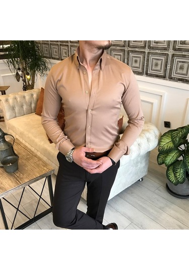 Italyan Stil Slim Fit Dik Yaka Saten Erkek Gömlek Vizon T5104 Vizon