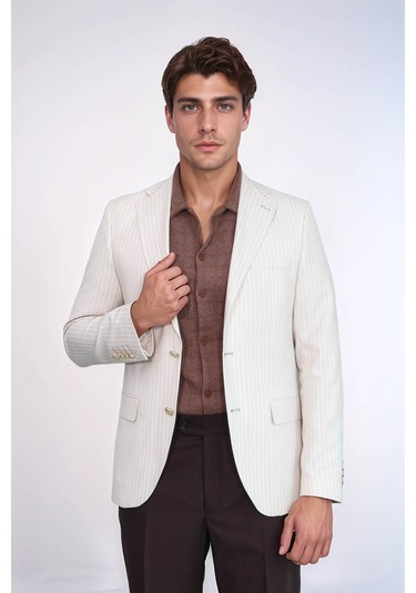 Ekru Çizgili Keten Dokulu Gold Renk Metal Düğmeli Slim Fit Erkek Blazer Ceket Wessi Cream