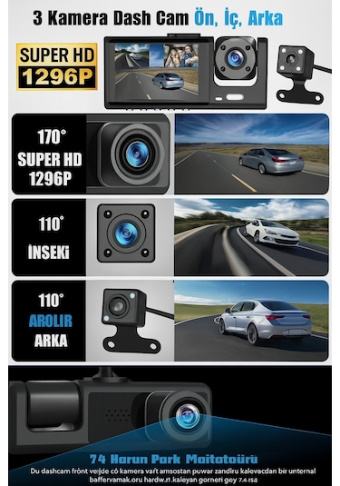 3 Kamerali Arac Guvenlik Kamerasi - 1296p On + Ic + Arka - Wifi - 24s Park Modu - G-sensor