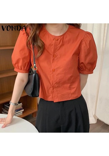 Gül Vonda Kadın Yaz Yuvarlak Yaka Puf Kısa Kollu Düğmeli Düz Renk Bol Bluz Gül