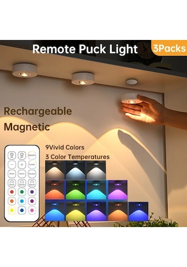 Motion003 3 Adet Şarj Edilebilir Manyetik Rgb Led Dolap Işıkları 3lü Paket Rgb Uzaktan Kum Ahşap