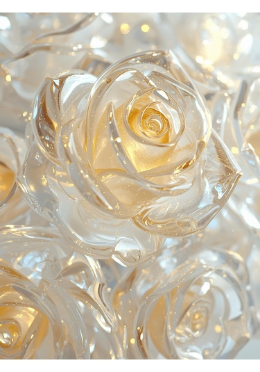 Beyaz Gold 3d Çiçekli Cam Tablo Çerçeveli Temperli İkili Dikey