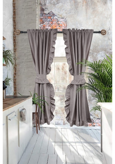 Poli Perde Çift Kanat Dikey Fırfırlı Açık Gri