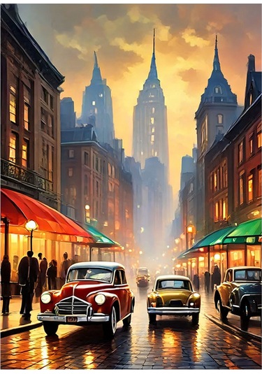 Retro Arabalar Ve Şehir Tasarım Ahşap Tablo 35cm X50cm