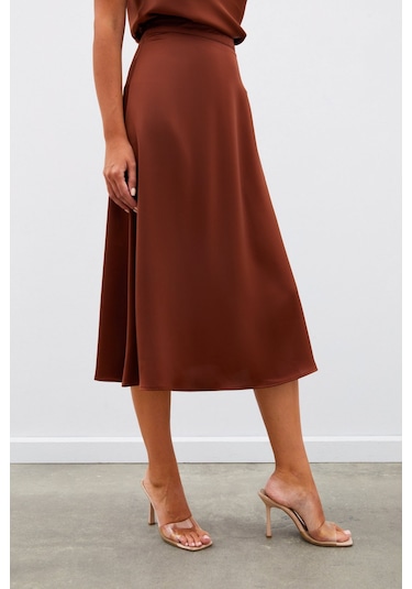 Sateen Midi Boy Saten Etek - Kahve-134960 Kahve