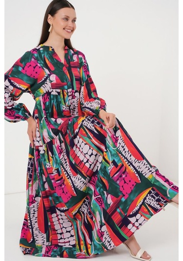2423 Otantik Desenli Tesettür Elbise - Çok Renkli 2 Çok renkli
