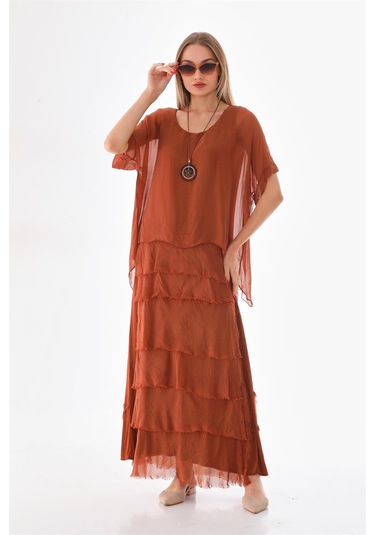 İtalyan 2 Beden İnce Gösteren Yarım Kol Kat Kat Ipek Elbise Tarçın