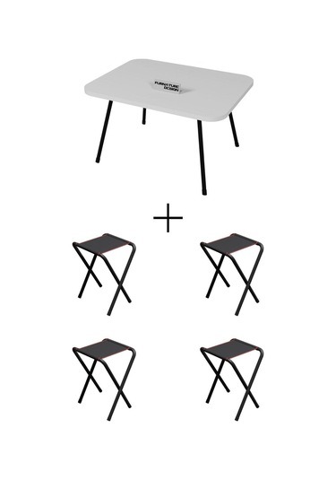 4 Adet Katlanır Kamp Taburesi Ve Katlanır Kamp Masası Seti 45x60 Beyaz