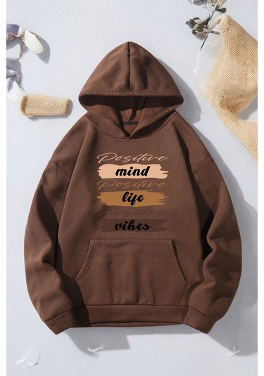 Mind Life Vibes Baskılı Oversize Sweatshirt Kahverengi