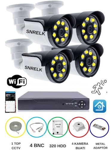 Snrelk 4'lü 5mp Lens Warm Ledli Gece Renkli Güvenlik Kamerası Ahd 320 Gb Su Geçirmez Full Set