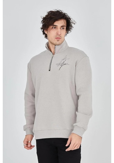 Erkek Yarım Fermuarlı Baskılı 3 İplik Pamuklu Sweatshirt - Boyalı Gri Gri