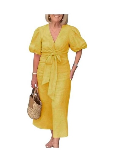Yazlık Maksi Elbise V Yaka Bağcıklı Bel Kabarık Kollu Düz Renk Bol Sarı