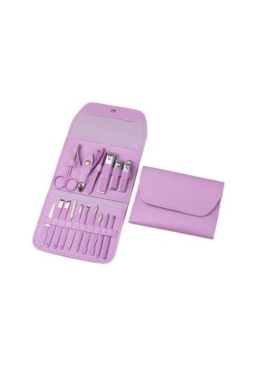 Kosona Stainless Steel Pedikür Ve Manikür Seti, 16 Parça Çift Uçlu, Pembe, Çelik Malzeme, Folding Çanta İçerisinde Mor