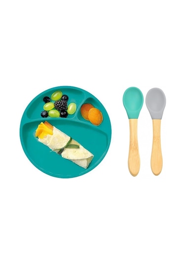 Oioi Silikon Tabak+Bambu Saplı Silikon Kaşık  Yeşil