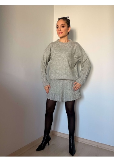 Ali Butik Gri Pileli Etekli Triko Takım Gri