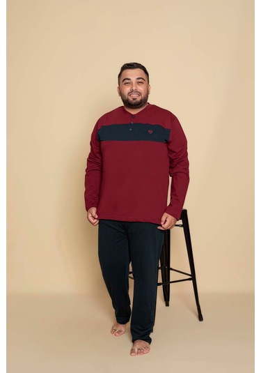 Erkek Büyük Battal Beden Desenli 3 Düğmeli %100 Pamuk Mevsimlik Uzun Kol Cepli Pijama Takımı Bordo