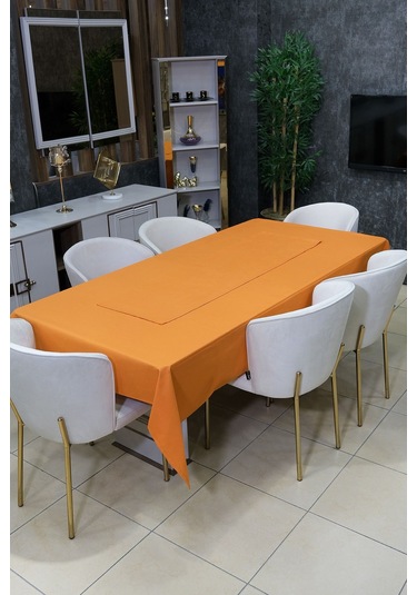 Dream 8 Parça Masa Örtüsü Seti Çeyiz Seti Salon Masa Örtüsü, Runner, 6'lı Peçete Turuncu