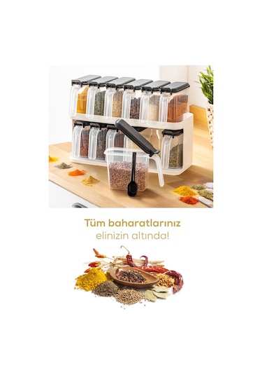 Vienev 12'li Beyaz Standlı Kaşıklı Etiketli Kendinden Yapışkanlı Baharatlık Seti Beyaz Beyaz