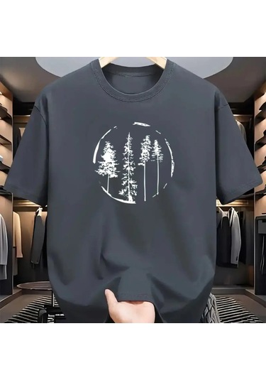 Guılan Erkek %100 Pamuk Orman Desenli Spor Tişörtkoyu Gri Koyu Gri