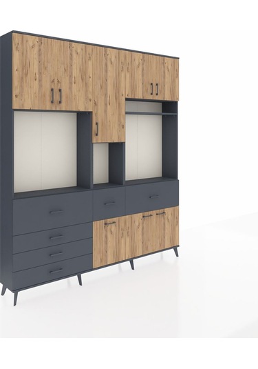 Arges Dolap 10 Raflı 6 Çekmeceli 8 Kapaklı 220x30x243 Antrasit-çam/antrasit Atlas Çam/antrasıt