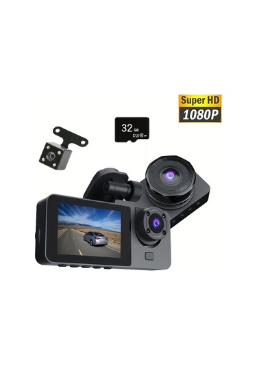 Xuweiwei Triple Lens With 32g Card 3 Kanallı 1080p Ön 480p Arka Dahili 480p Araç Kamerası Gece Görüşü Dvr