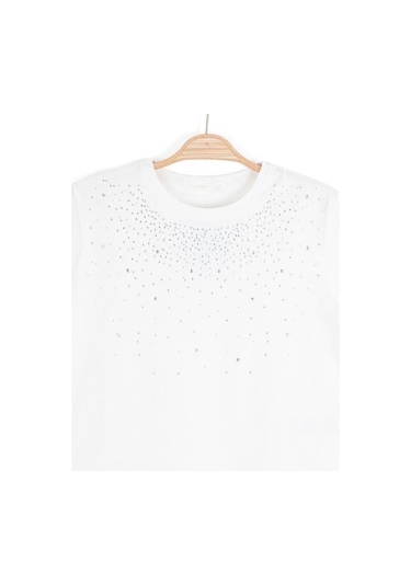 Zekids Kız Çocuk Taş İşlemeli Pamuklu T-shirt-16310 Ekru