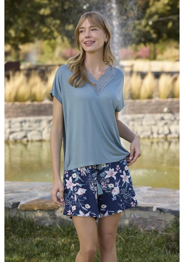 Monamise Kadın Çiçek Ve Yaprak Desenli Dantelli Şort Takımı 24102-yeşil Yeşil