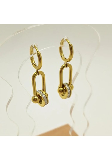 Silindir Uçlu Tiffany Çelik Küpe Altın - Gümüş