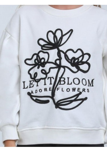 Kız Çocuk Çiçek Nakışlı Sweatshirt-14248 Beyaz