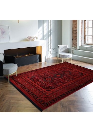 Afgan Türkmen Otantik Desenli Dokuma Kırmızı Oturma Odası Salon Mutfak Halısı Yolluk X380a Kırmızı