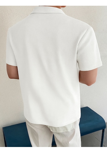 Genius Store Erkek Oversize Polo Yaka Waffle T-shirt Poloyaka-düğmeli Beyaz