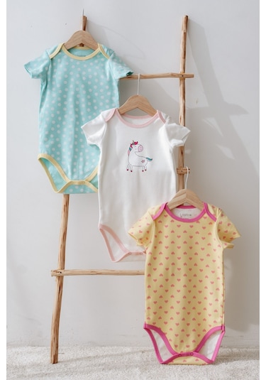 Lilabio %100 Pamuk 3'lü Kısa Kollu Bebek Body Renkli Çok Renkli