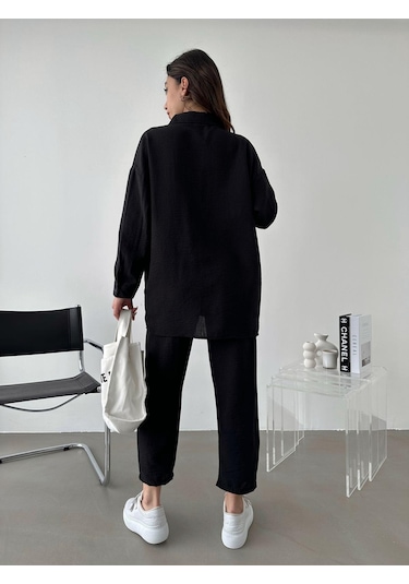 Kadın Oversize Keten Gömlek Pantolon Alt Üst Takım Siyah