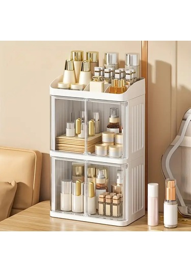 Willowhaven Cream Transparent 3 Katlı Büyük Kapasiteli Katlanır Makyaj Organizatörü Krem + Şeffaf